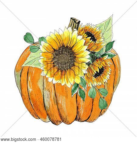 Watercolor Fall Composition. Autumn Halloween Pumpkin Decor. Thanksgiving Decor, Pumpkin With Sunflo