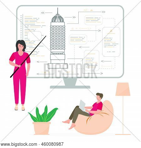 Vector Illustration Teacher Teaching People. Construction Architecture Learning Course Workshop Lect
