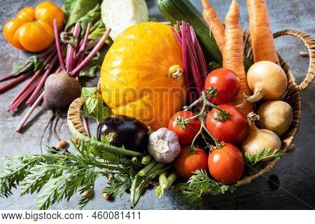 Raw Organic Vegetables. The Concept Of Vegan Or Diet Food. Vegetables For Healthy Cooking On A Stone