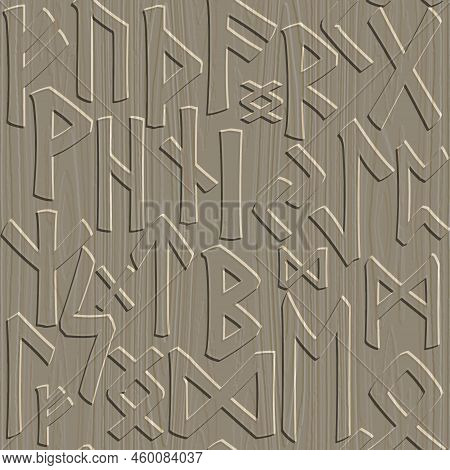 Wood Textured Runes 3d Seamless Pattern. Embossed Runic Vector Background. Emboss Surface 3d Runes O