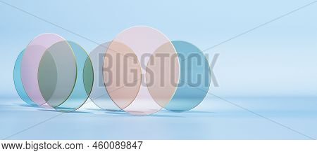 Abstract Wide Colorful Round Glass On Blue Background With Mock Up Place. Decor And Design Banner Co