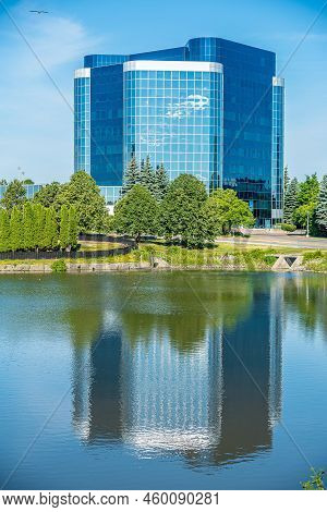 Business Building Near The Pond In Spring. Markham, Canada