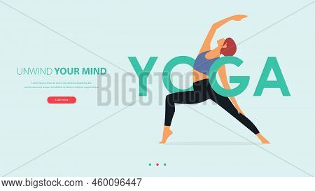 Woman Does Yoga Pose Or Asana Posture With Yoga Word. Exercise, Workout For Yoga Anywhere Concept.
L