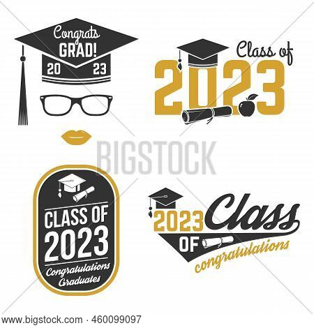 Set Of Vector Class Of 2023 Badges Concept For Shirt, Print, Seal, Overlay Or Stamp, Greeting, Invit