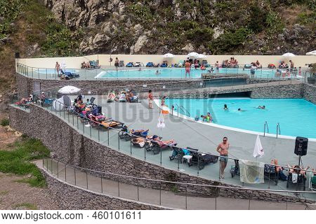 Sao Jorge, Porugal - August 21, 2021: Unidentified People Are Relaxing At The Calhau De Sao Jorge Re