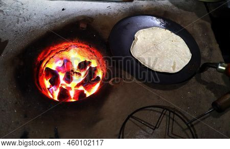Village Country Made Earthen Stove With Red Hot Coal, Ready To Cook Chappati And Roti