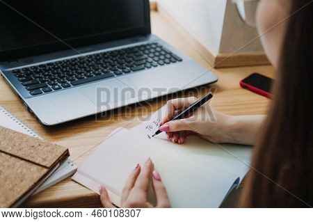 Taskmanager, To Do List, Boosts Productivity, Close Up Of Female Hands And Paper To Do List In Notep