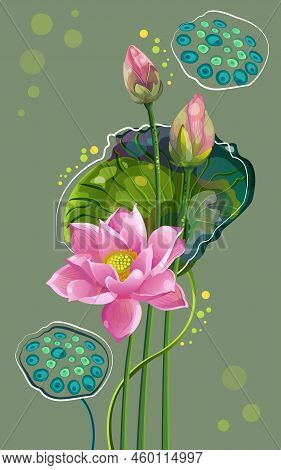 Lotus, Aquatic Plants On A Green Background. Vector Illustration