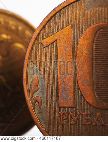 Russian Coin 10 Rubles, Close-up Fragment. Ruble Tens On Both Sides. Economy, Central Bank And Money