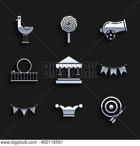 Set Attraction Carousel, Jester Hat With Bells, Classic Dart Board And Arrow, Carnival Garland Flags