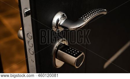 Open Door To The Apartment With A Combination Lock. Keyless Entry.