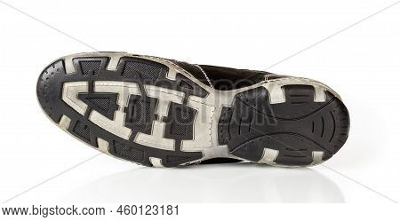 Stylish Shoe Sole Isolated On A White Background. Gray Black Rubber Outsole Of Modern Sneaker Cutout