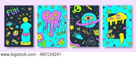Hippie Psychedelic Cover. Acidic Funny Hipster Posters, Retro Seventies 1970s 1960s Groovy Pattern C