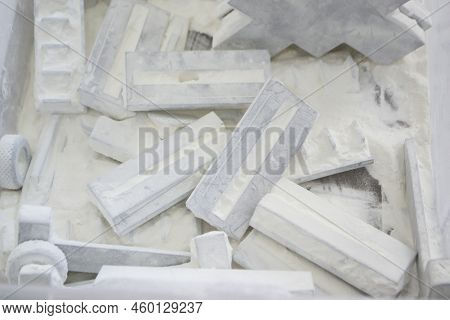 Detail Objects Printed On Powder 3d Printer And Covered White Polyamide Powder Close-up. Technology 