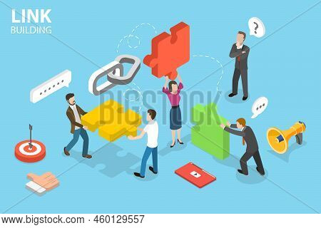 3d Isometric Flat Vector Conceptual Illustration Of Link Building, Seo Backlink Strategy