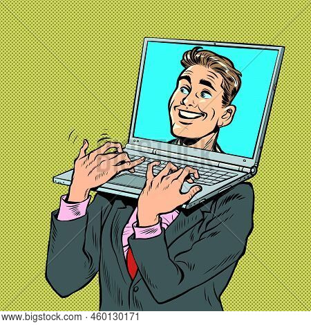 Pop Art Businessman With Laptop Laptop Instead Of A Head. An Electronic Device Carrying A Computer. 