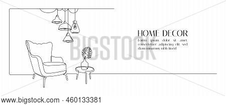 One Continuous Line Drawing Of Armchair And Hanging Lamp. Modern Loft Furniture For Living Room Inte