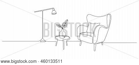 One Continuous Line Drawing Of Armchair And Lamp And Potted Plant. Modern Rustic Comfort Furniture F