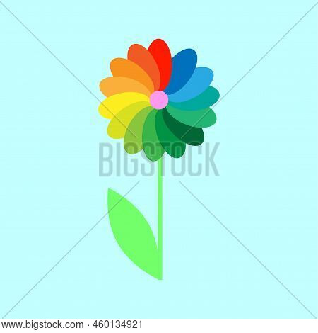 Multicolored Cartoon Flower. Blue Background. Vector Illustration. Stock Image.