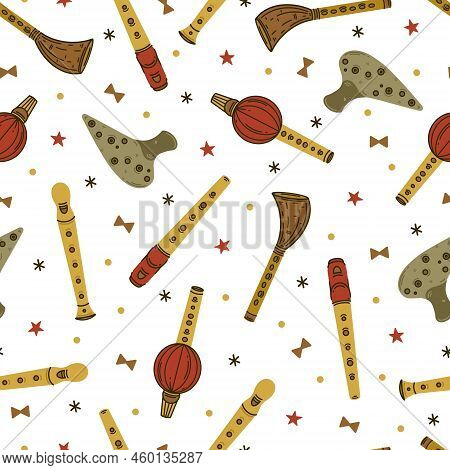 Flute Seamless Vector Pattern. Block Flute, Ocarina, Fife, Whistle. Wooden Musical Instruments Isola