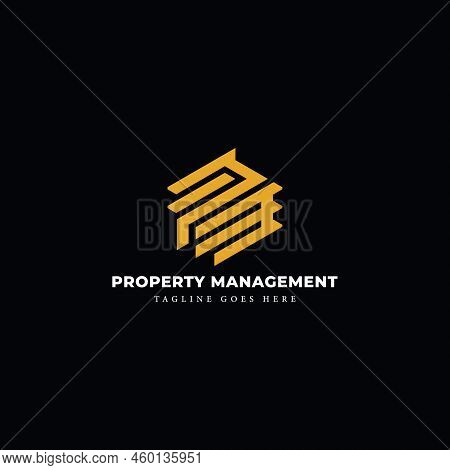 Abstract Initial Letter Pm Or Mp Logo In Gold Color Isolated In Black Background Applied For Propert