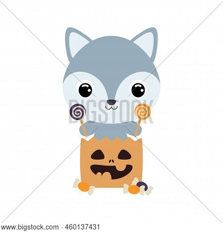 Cute Halloween Wolf Sitting In A Trick Or Treat Bag With Candies. Cartoon Animal Character For Kids 