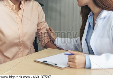 Woman Doctor Holding Hands Patient Encourage Cheer Up Consultation At Hospital Medicare Treatment Cl