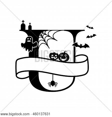 Cute Halloween Letter U Split Monogram. Cartoon Ghost, Pumpkin, Bat For Kids T-shirt, Nursery Decora