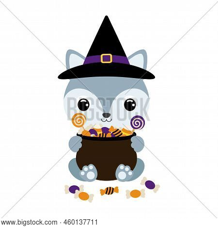 Cute Halloween Wolf In Witch Hat Holding A Pot With Candies. Cartoon Animal Character For Kids T-shi