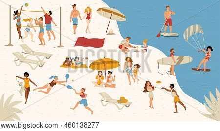 Summer Sea Beach With People Swim On Surf And Paddle Boards, Parasailing, Play Volleyball, Tennis An