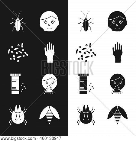Set Hand With Psoriasis Or Eczema, Medicine Pill Tablet, Cockroach, Inflammation On Face, Bottle Pil