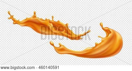 Caramel Splash, Sweet Liquid Candy Swirls, Wave Splashing With Droplets. Isolated Brown Melt Toffee 