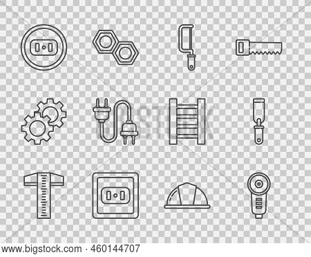 Set Line T-square Line, Angle Grinder, Hacksaw, Electrical Outlet, Plug, Worker Safety Helmet And Ra
