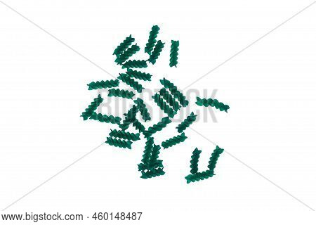 Fusilli Or Spiral Pasta With Spirulina Or Chlorella Isolated On White Background. Green Pasta Produc