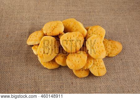 Homemade Concoction, Cooking. Delicious Gluten-free Cookies Lie  On Burlap.  Close-up, Copy Space.