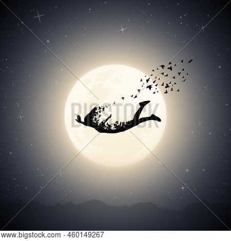 Falling Girl Outline In Dream. Suicide, Death And Afterlife. Full Moon