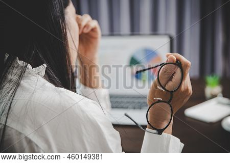 Young Business Woman Person Sleepy And Has Frustration Eye Problems With Cephalalgia Disease From Us