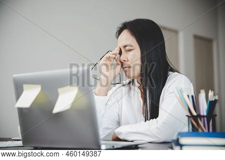 Young Business Woman Person Sleepy And Has Frustration Eye Problems With Cephalalgia Disease From Us
