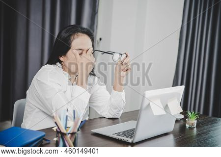 Young Business Woman Person Sleepy And Has Frustration Eye Problems With Cephalalgia Disease From Us