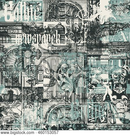 Abstract Seamless Pattern With Chaotic Layering Of Vintage Architectural Elements And Old Buildings 