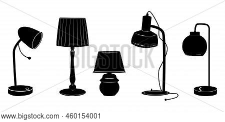 Table Lamps Icon Set Isolated On White Background. Lamp Black Silhouettes. Home, Night, Hotel Or Off