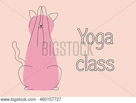Pink Zen Cat Meditating. Banner For Yoga Class. Vector Line Art Illustration