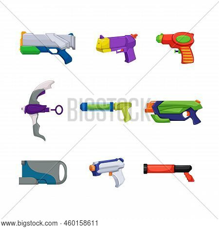Water Gun Toy Set Cartoon. Summer Pistol Fun, Festival Fight, Kids Party Play Water Gun Toy Vector I