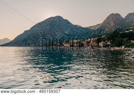 Sunset, Beautiful Landscape With Silhouettes Of Trees. Travel Concept. Montenegro, Kotor Bay. Sunset