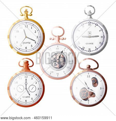 Watch Pocket Old Set Cartoon. Vintage Clock, Antique Time, Retro Chain, Gold Classic Timer Watch Poc