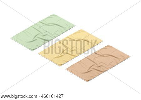 Blaank Colored Crumpled Big Towel Mockup, Side View, 3d Rendering. Empty Green, Yellow And Beige Ter