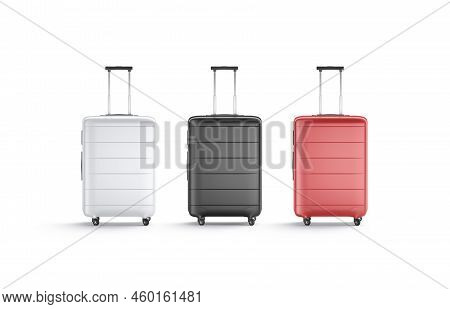 Blank Black, White, Red Suitcase With Handle Mockup Stand, Isolated, 3d Rendering. Emtpy Plastic Pro