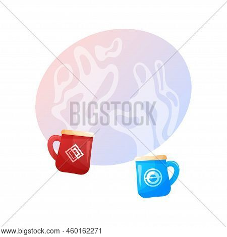 Cups With Steam Vector Cartoon Illustration Isolated On Gradient Background.