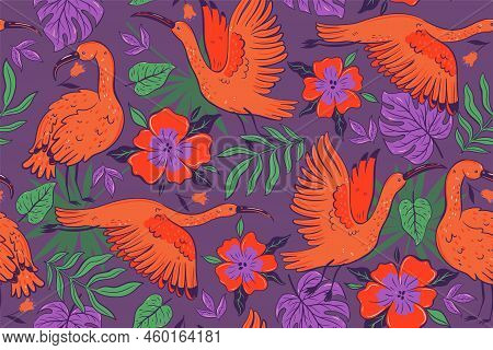 Seamless Pattern With Ibises And Tropical Flowers. Vector Image.