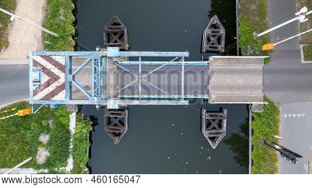 Top View Aerial With Drone Of A Draw Bridge Over The Canal Dessel-schoten In Rijkevorsel, Antwerp, B